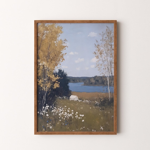 Autumn Lake With Golden Trees Vintage Landscape Wildflower Field Poster