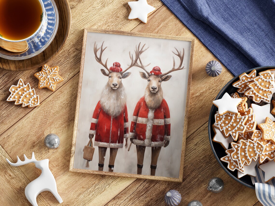 Two Stags in Red Fur Coats Festive Christmas Animal Portrait Poster - Image 3