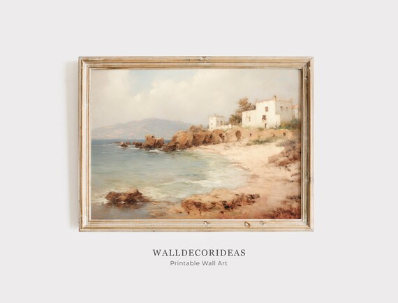Mediterranean Coastal Rocky Shoreline White Villas Vintage Oil Art Poster