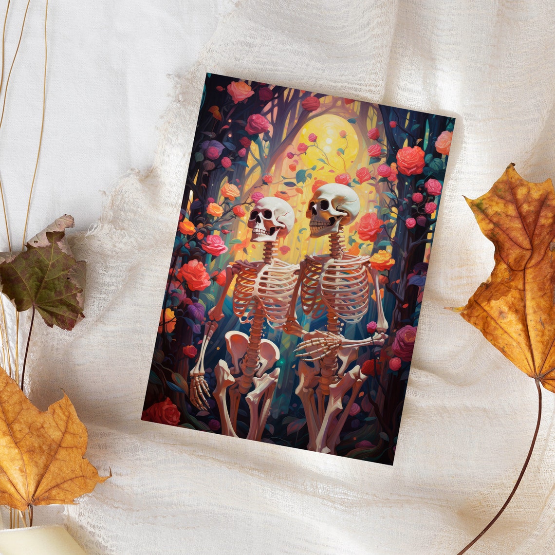 Skeleton Couple Among Red Roses In Moonlit Garden Halloween Poster - Image 4