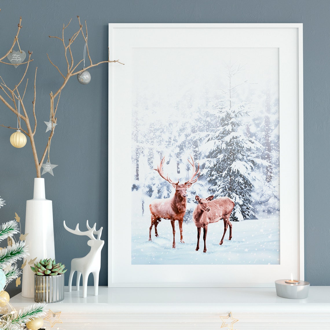 Stag and Doe Deer Pair Snowy Winter Forest Wildlife Scene Poster