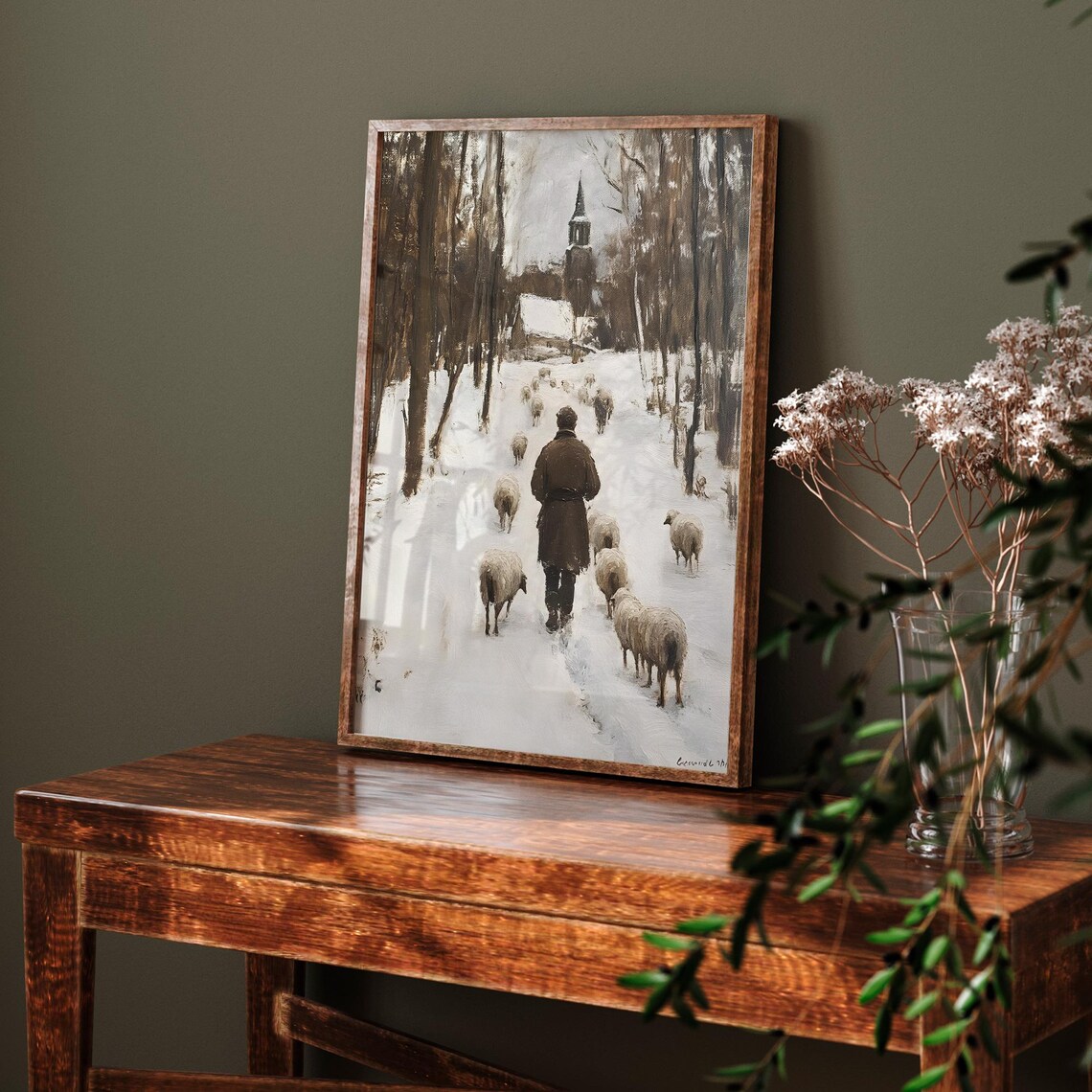Shepherd Leading Sheep Through Snowy Village Toward Church Winter Art Poster - Image 6