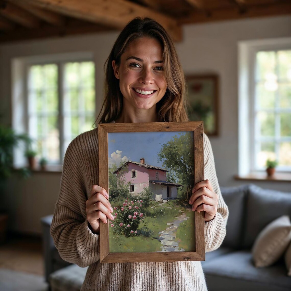 Pink Cottage With Rose Garden Vintage Country House Painting Poster - Image 5
