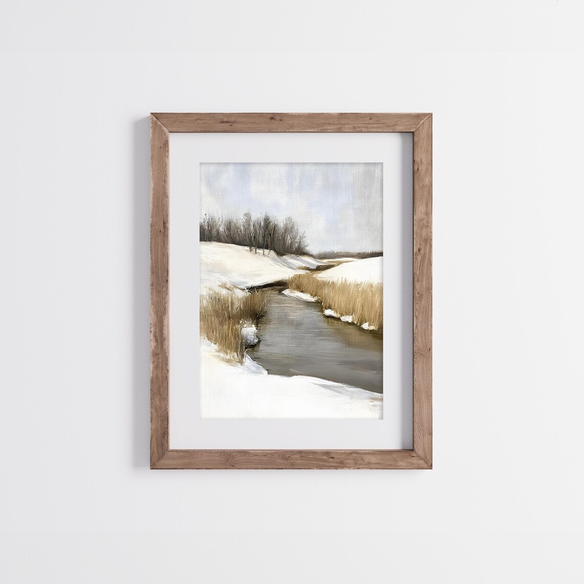 Winter Creek Through Snow With Reeds Muted Vintage Landscape Painting Poster - Image 4