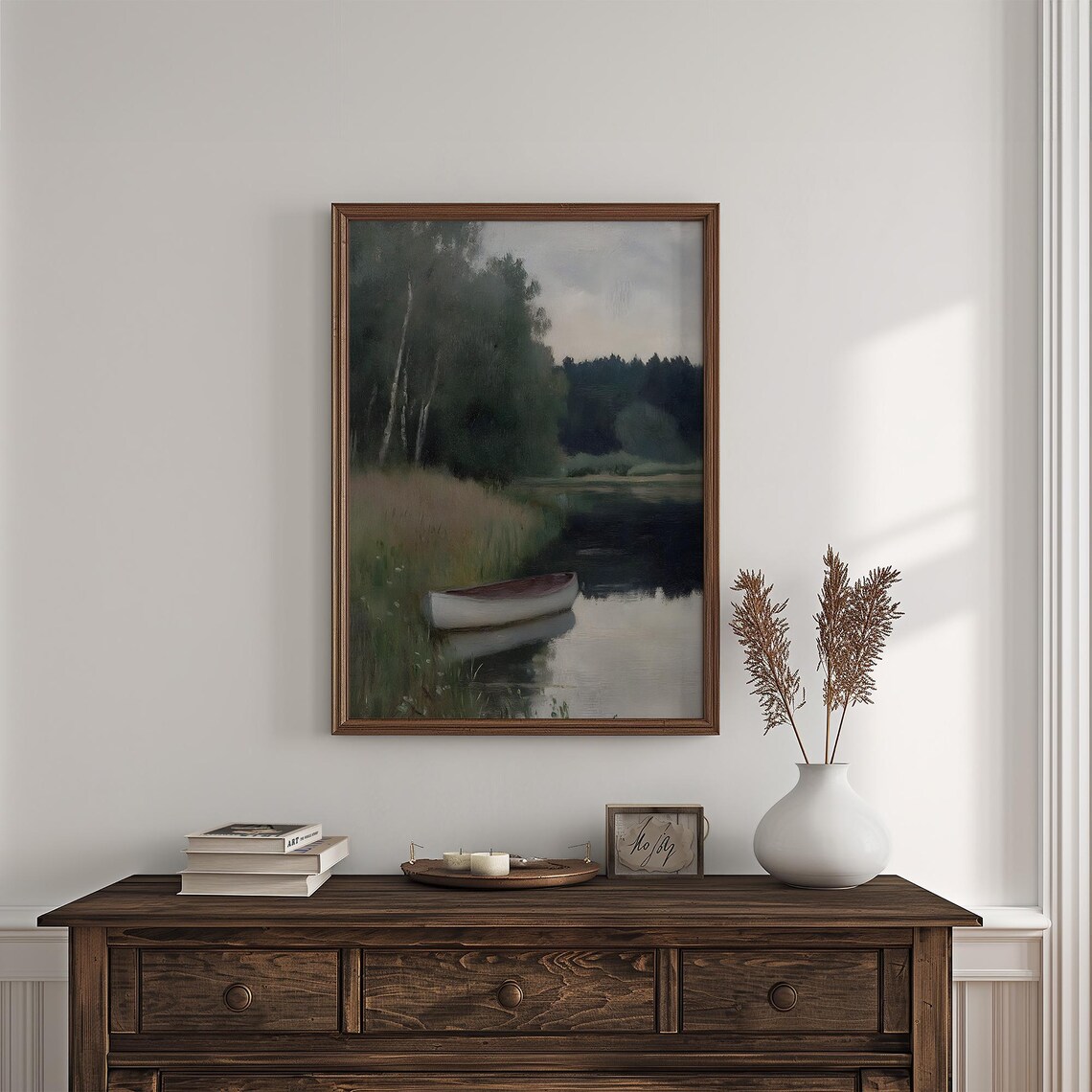 Canoe On Still Lake At Dusk Moody Vintage Lakeside Painting Poster - Image 4