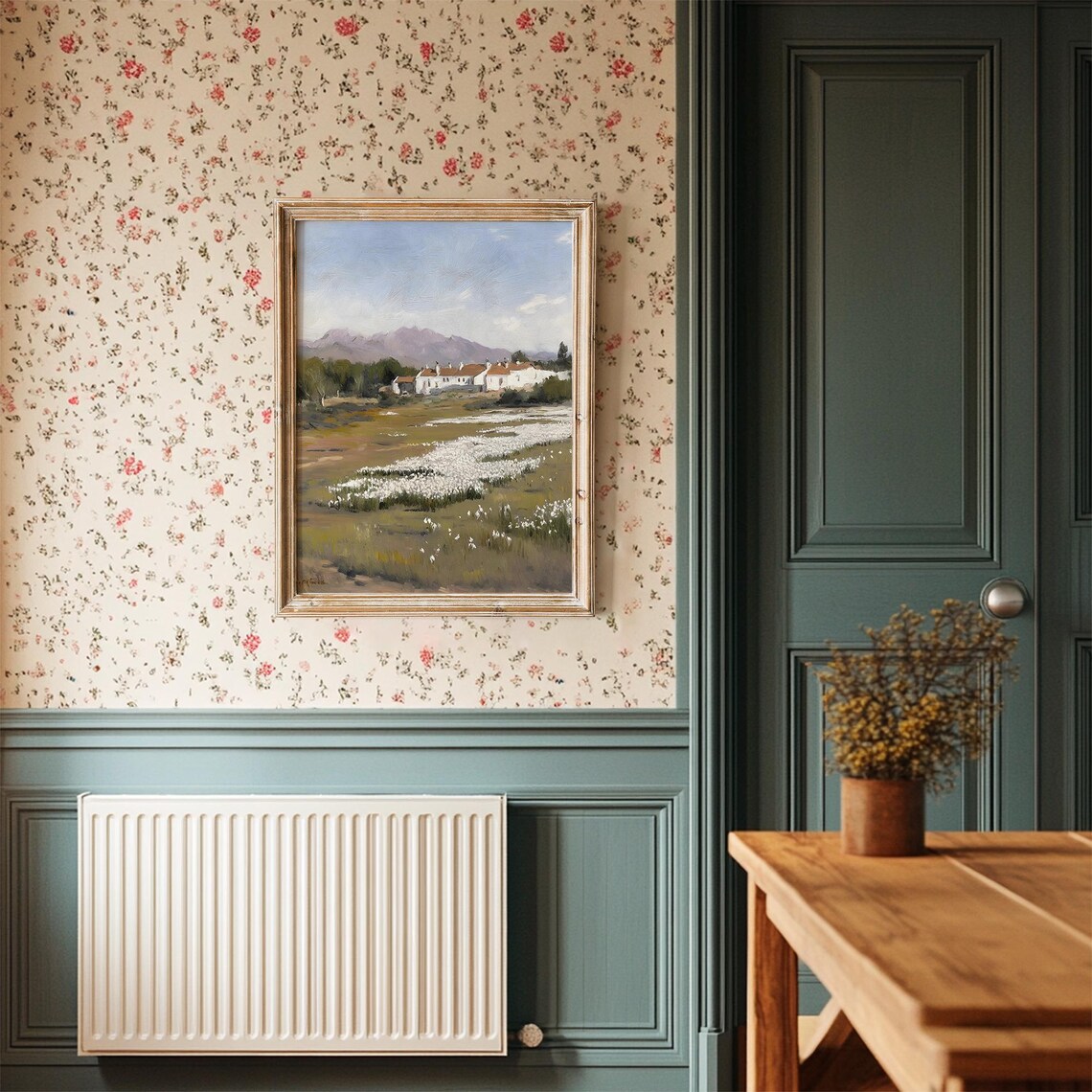 Mountain Village With White Flower Field Vintage Rustic Painting Poster - Image 3