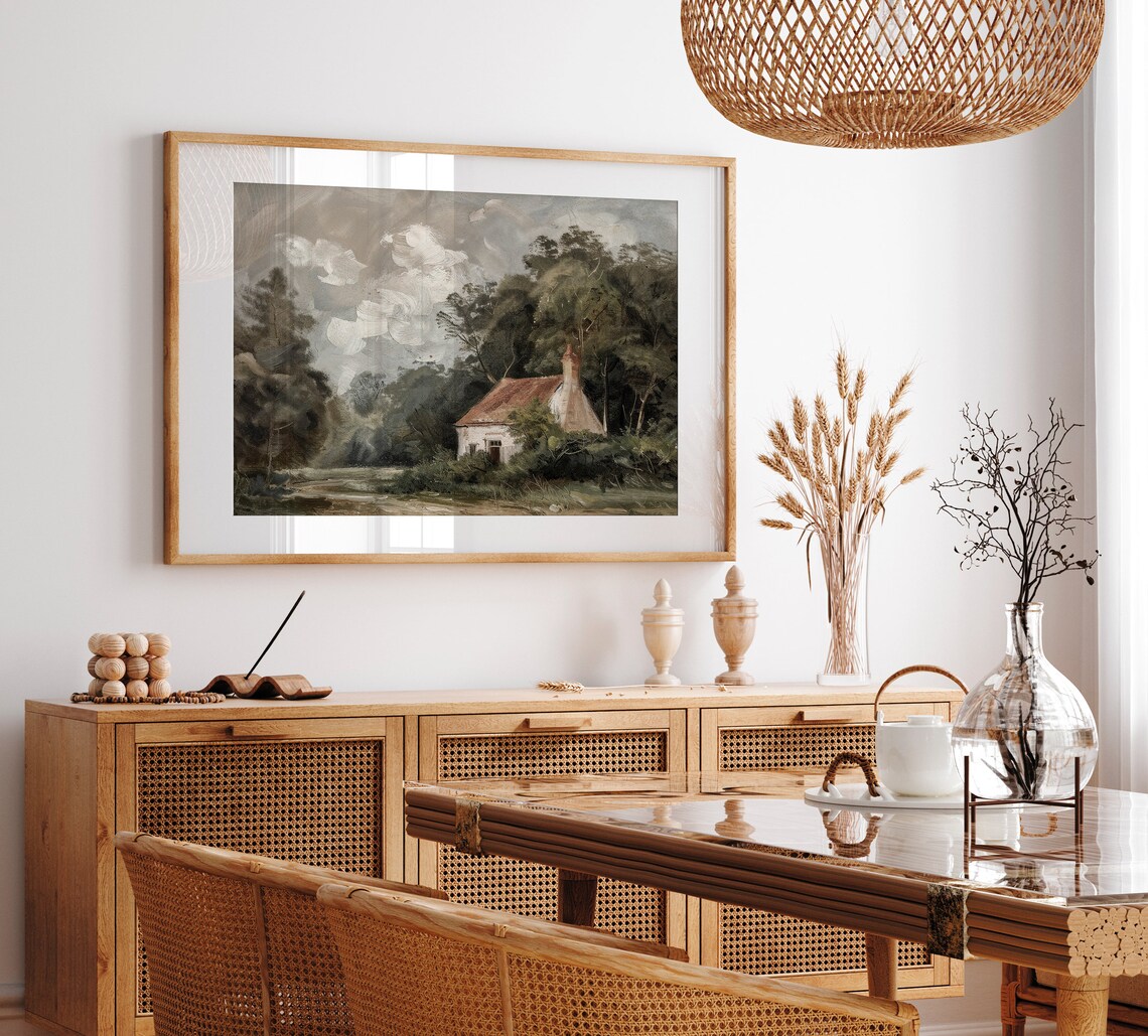 White Cottage Red Roof Hidden in Green Woods Vintage Painting Poster - Image 3