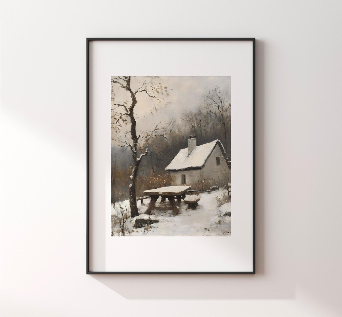 Snow Covered Cottage With Rustic Wooden Table Vintage Winter Landscape Poster - Image 2