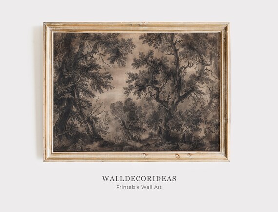 Ancient Forest Trees Sepia Vintage Etching Style Woodland Drawing Poster