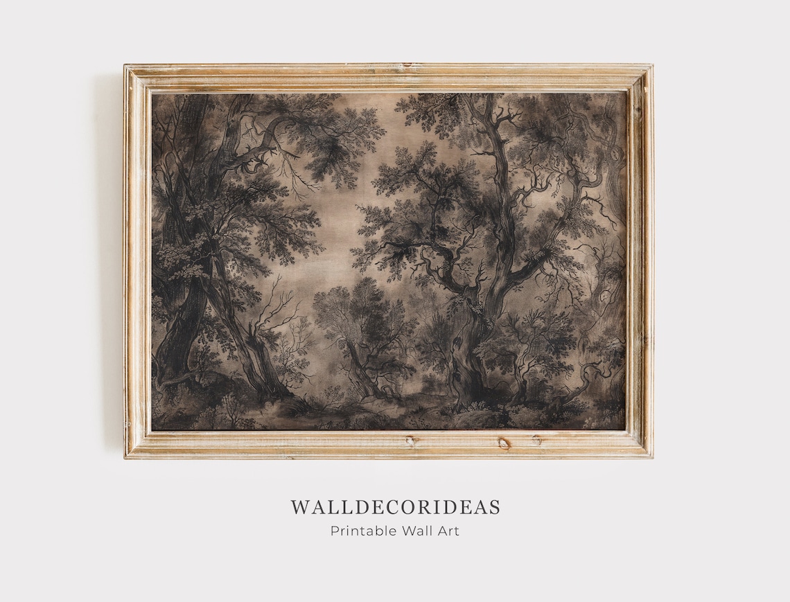 Ancient Forest Trees Sepia Vintage Etching Style Woodland Drawing Poster