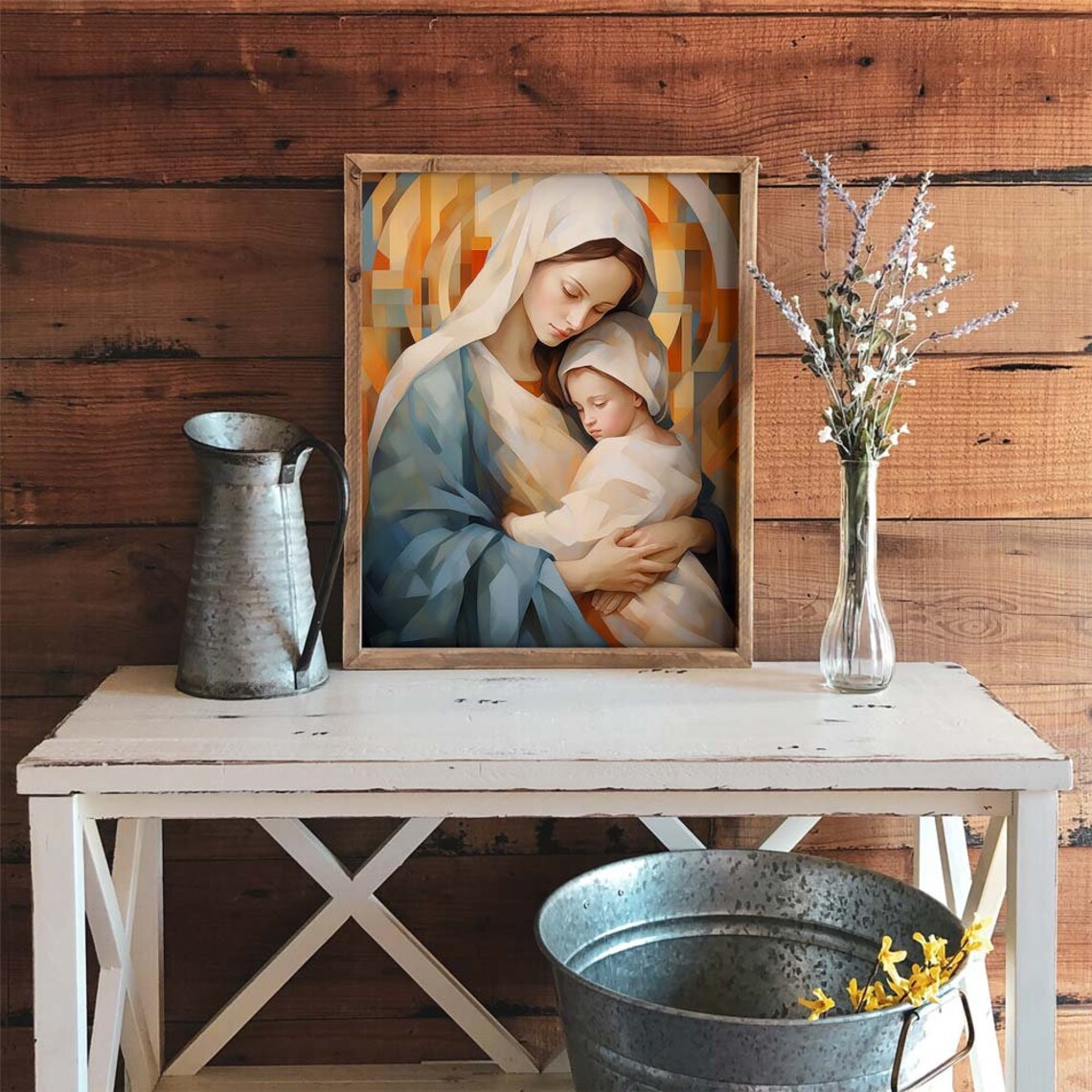 Virgin Mary and Baby Jesus Geometric Cubist Style Christian Poster - Image 2