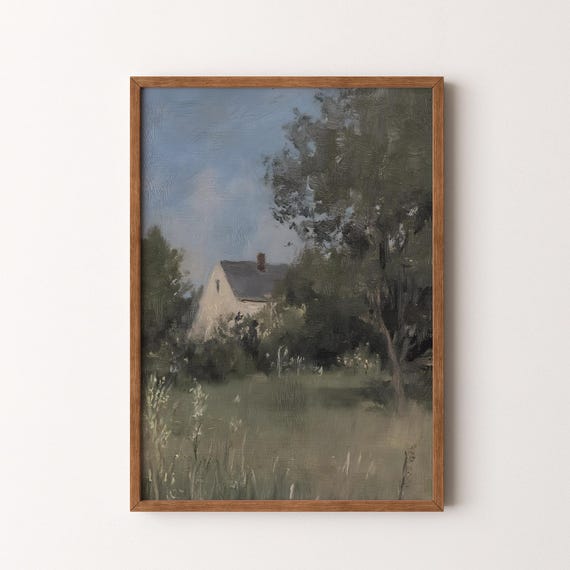 Vintage Landscape Painting Rustic Country Farmhouse Scene With Trees And Cottage Muted Nature Colors Vi171