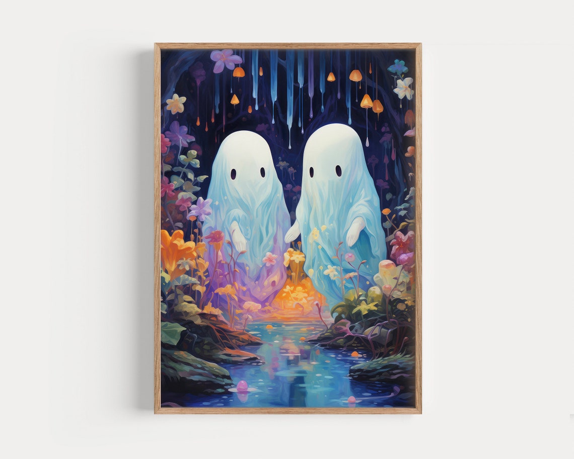 Two Cute Ghosts Print Halloween Sheeted Ghost Art Print Ghosts Halloween Wall Decor Colorful Art - Image 2