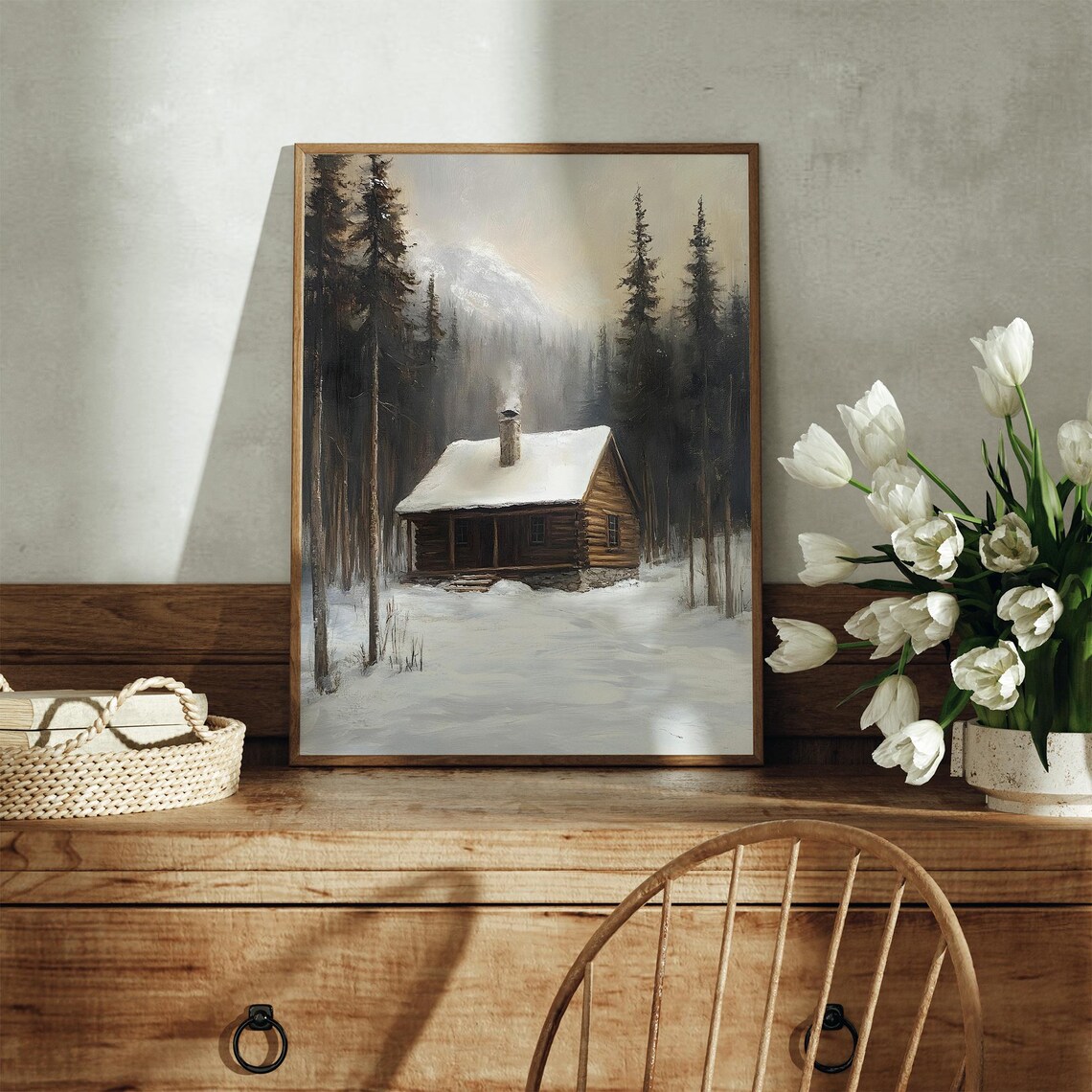 Rustic Log Cabin In Misty Snowy Pine Forest With Chimney Smoke Winter Poster - Image 7