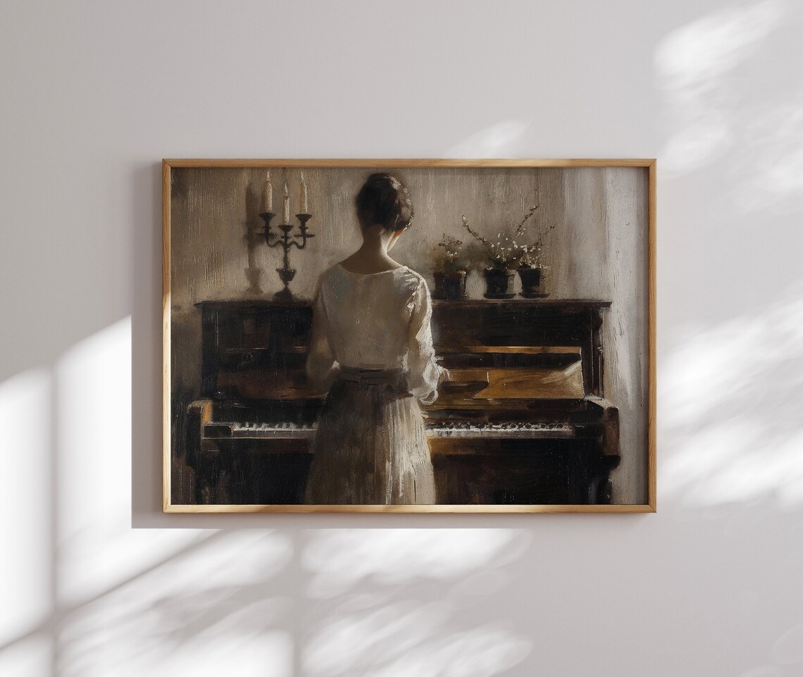Woman at the Piano Candlelit Vintage Oil Painting Dark Academia Poster - Image 2