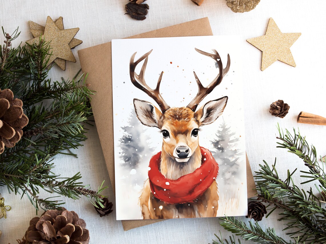 Cute Deer in Red Scarf Watercolor Winter Animal Nursery Poster - Image 2