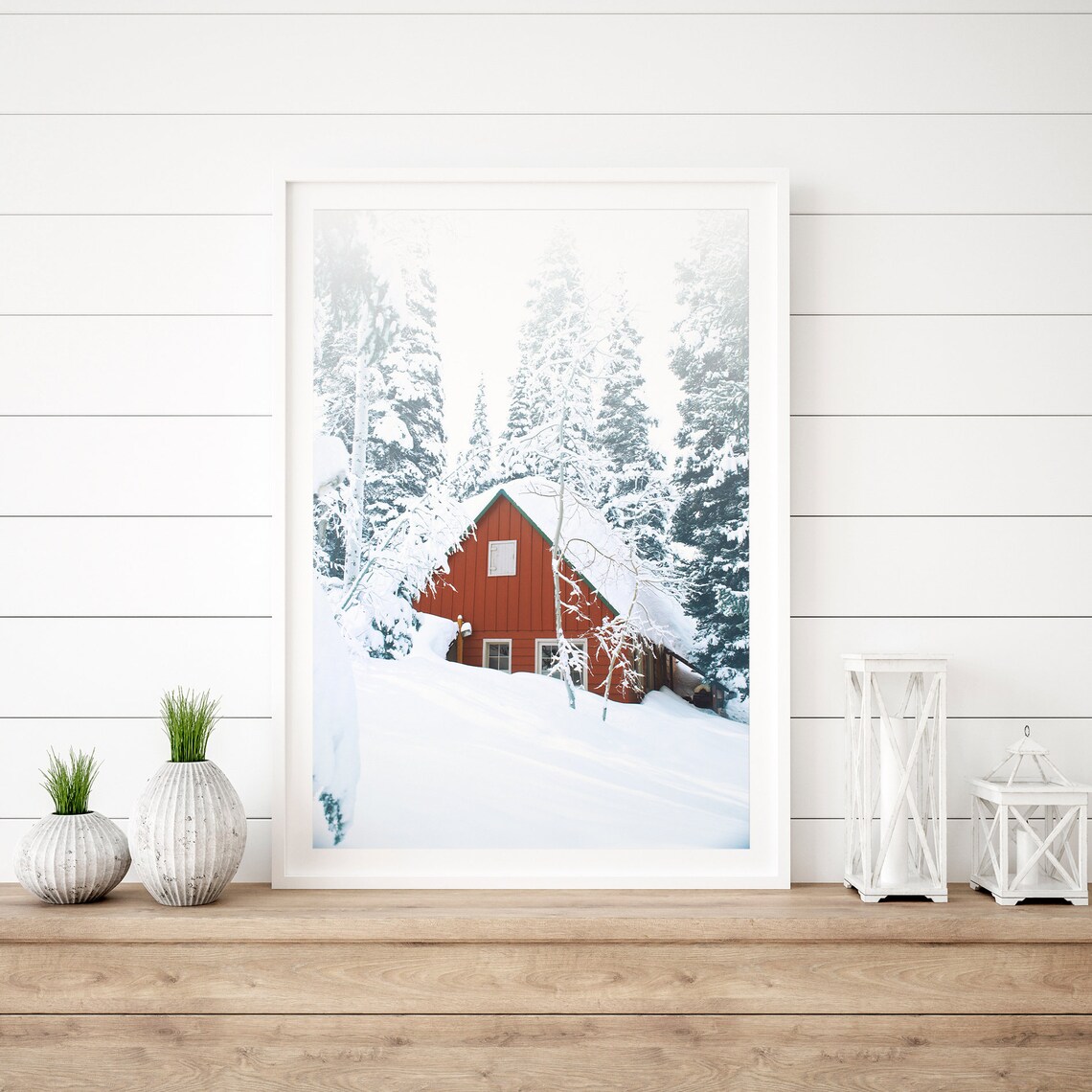 Red Cabin Snowy Winter Forest Landscape Photography Art Poster - Image 2