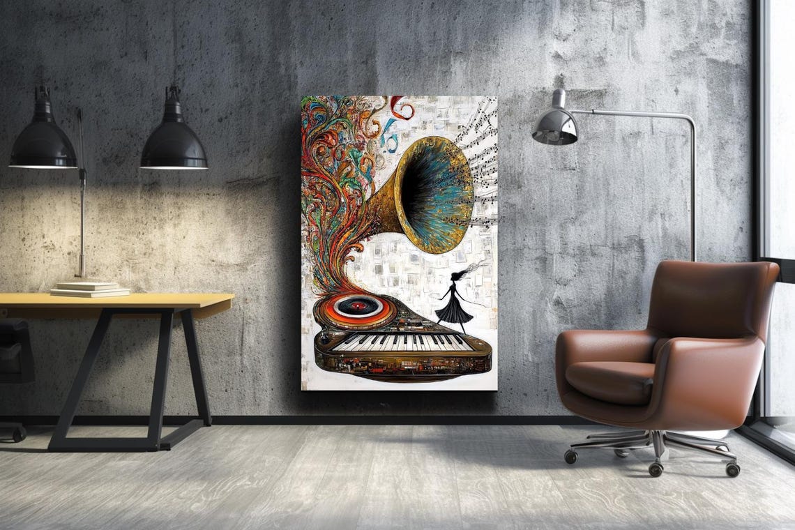 Whimsical Gramophone With Swirling Colors And Piano Keys Poster - Image 3