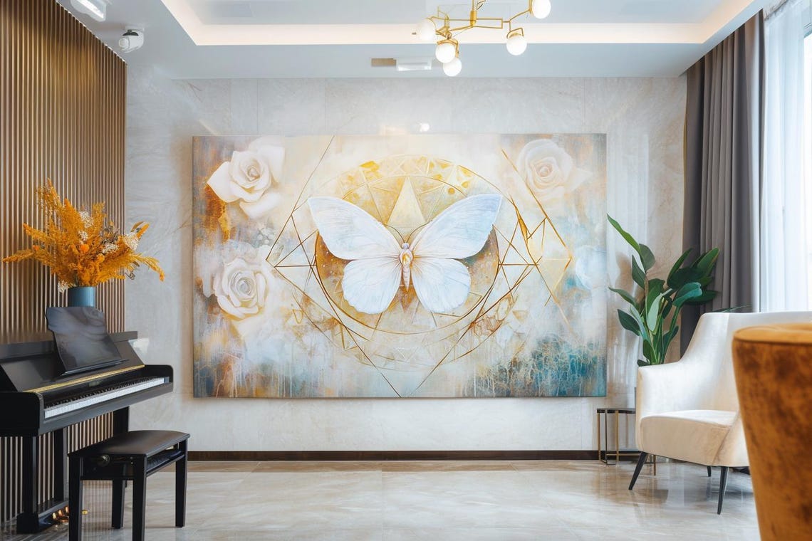 White Butterfly on Golden Geometry with White Roses Painting Poster