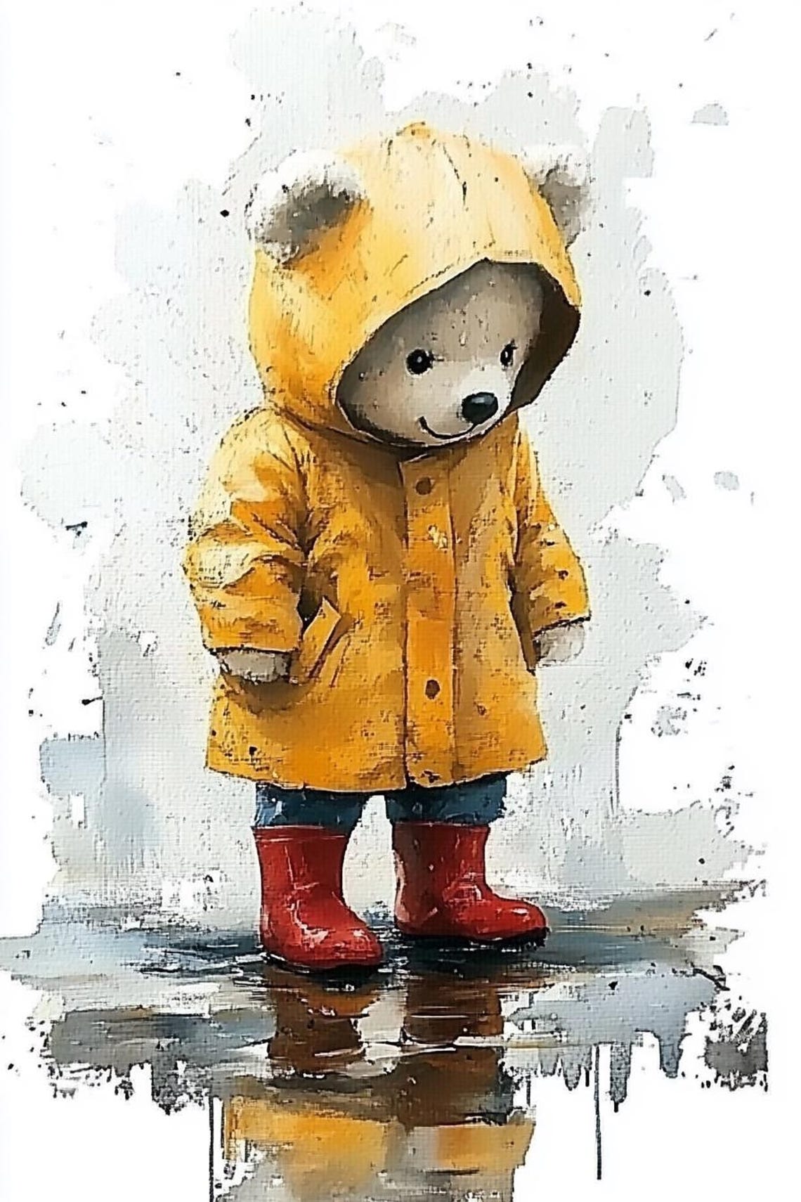 Teddy Bear in Yellow Raincoat and Red Boots Standing in Puddle Poster - Image 2
