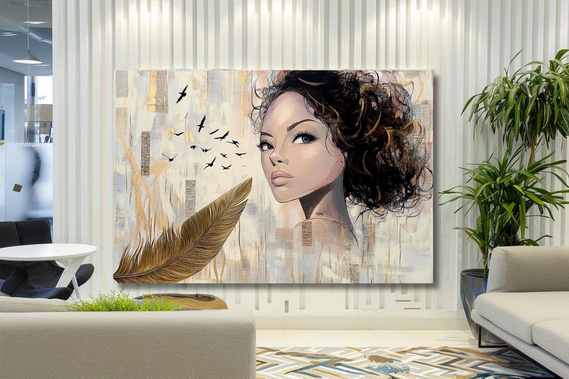Woman With Voluminous Curly Hair Gold Feather And Birds Poster