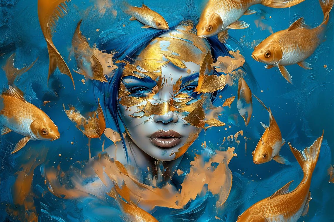 Woman's Portrait Surrounded By Golden Koi Fish On Blue Water Poster - Image 2
