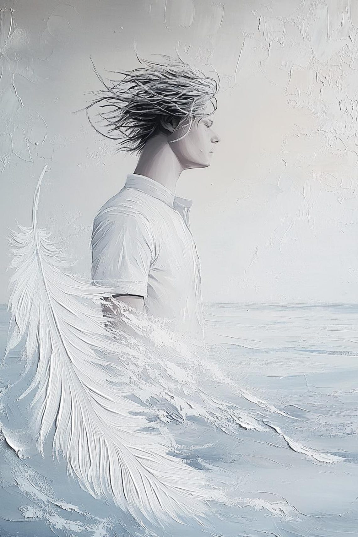 Young Man Profile With Giant White Feather On Pale Blue Poster - Image 3