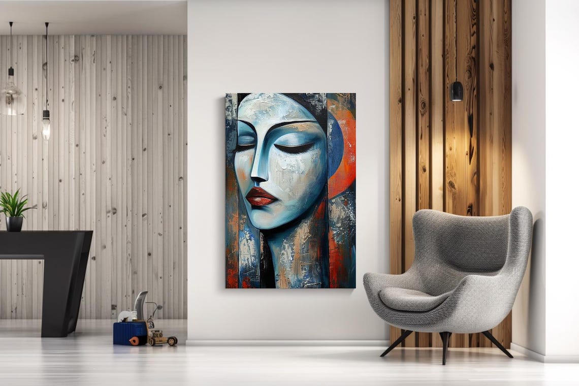 Serene Blue Woman Face Eyes Closed Red Lips Modern Art Poster - Image 3