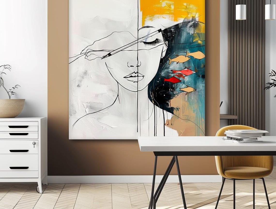 Deepth Line Art Woman Face With Swimming Fish Abstract Poster - Image 3