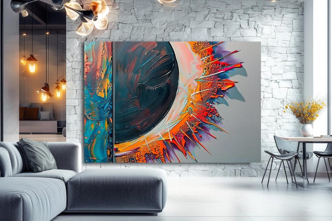 Exploding Orange and Teal Abstract Eclipse Modern Art Poster - Image 2