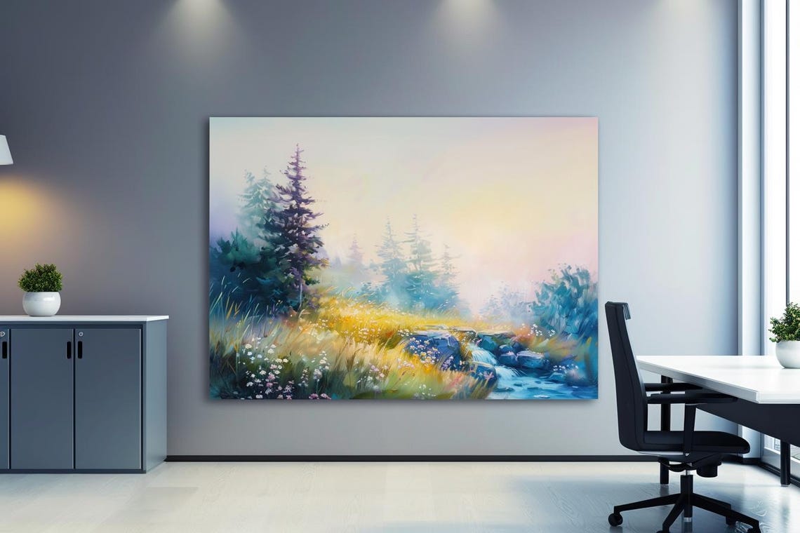 Misty Spring Forest With Stream Soft Watercolor Nature Poster - Image 3
