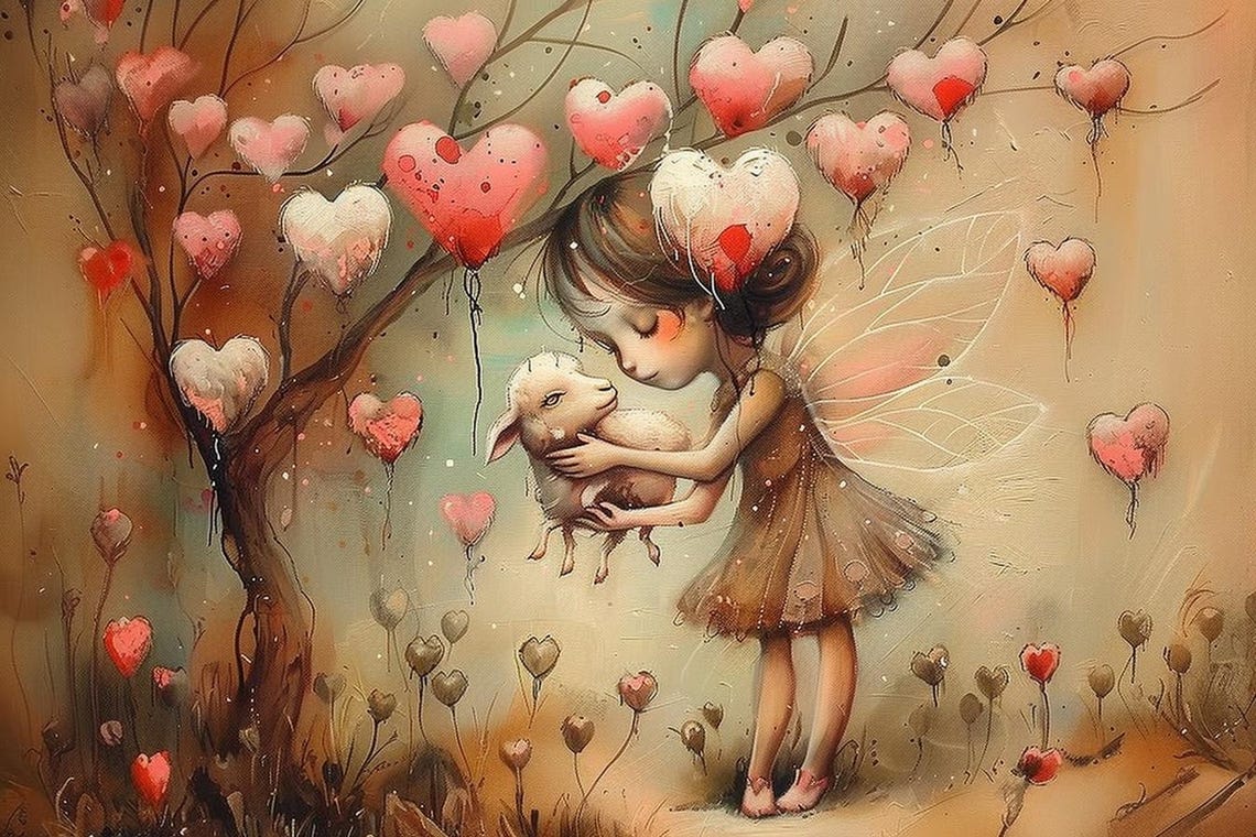 Fairy Girl Hugging Lamb Under a Tree of Pink Hearts Kids Poster - Image 2