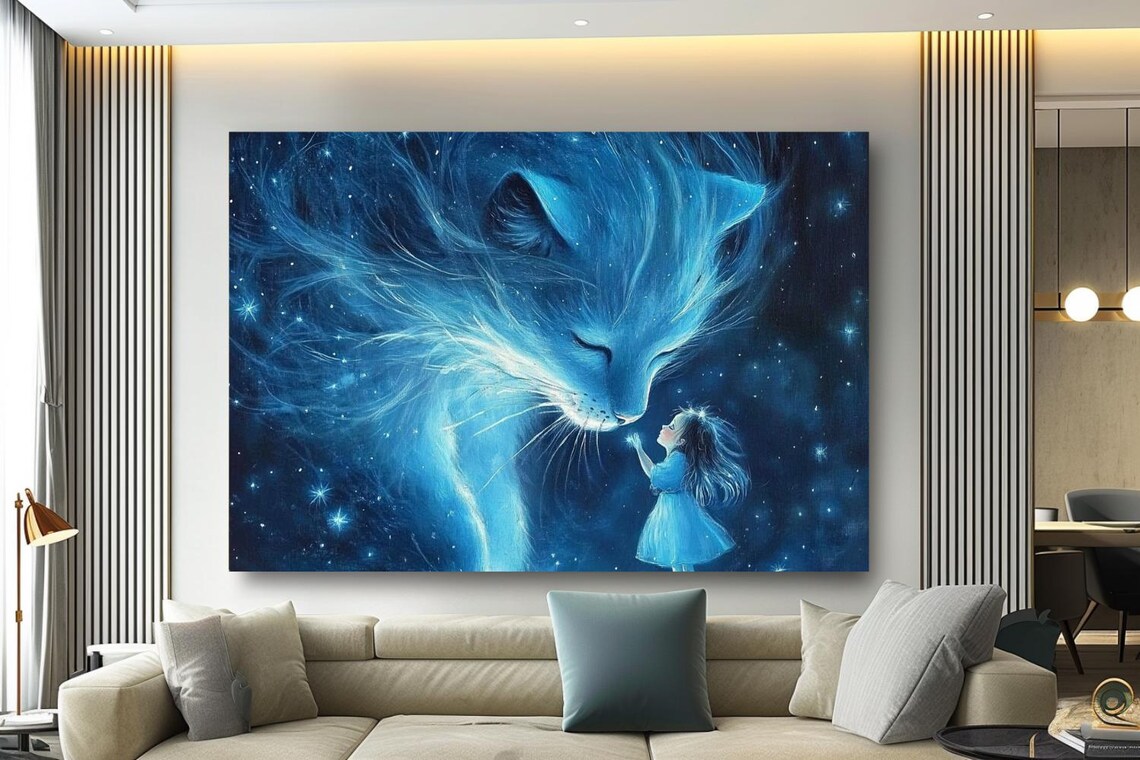 Giant Blue Star Cat Spirit Over Tiny Girl In Night Sky Poster