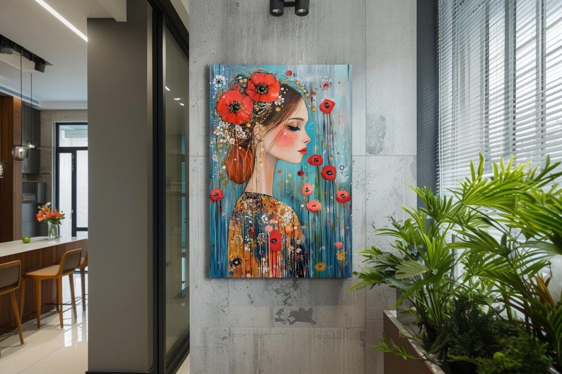 Among Poppies Woman Profile With Red Poppies Floral Art Poster