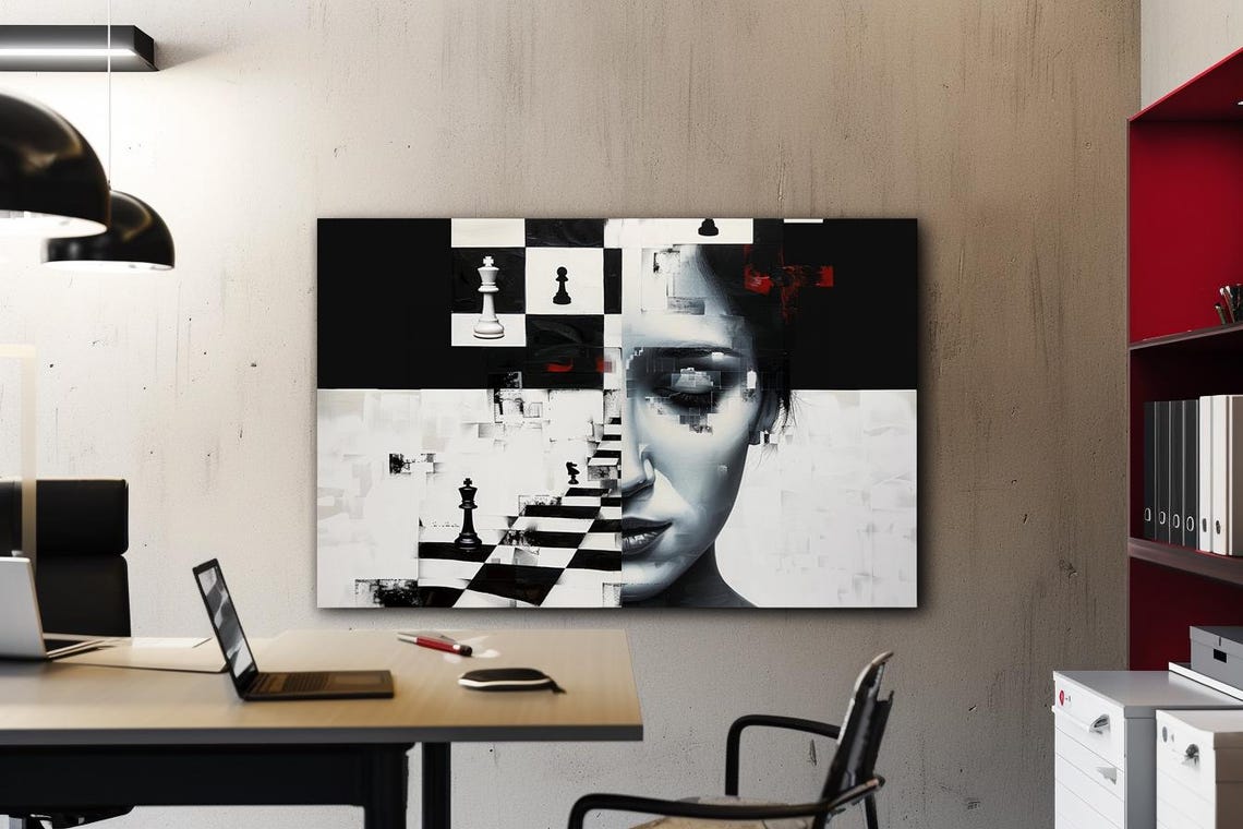 Woman's Face Merging With Chessboard Black White Mind Poster - Image 3