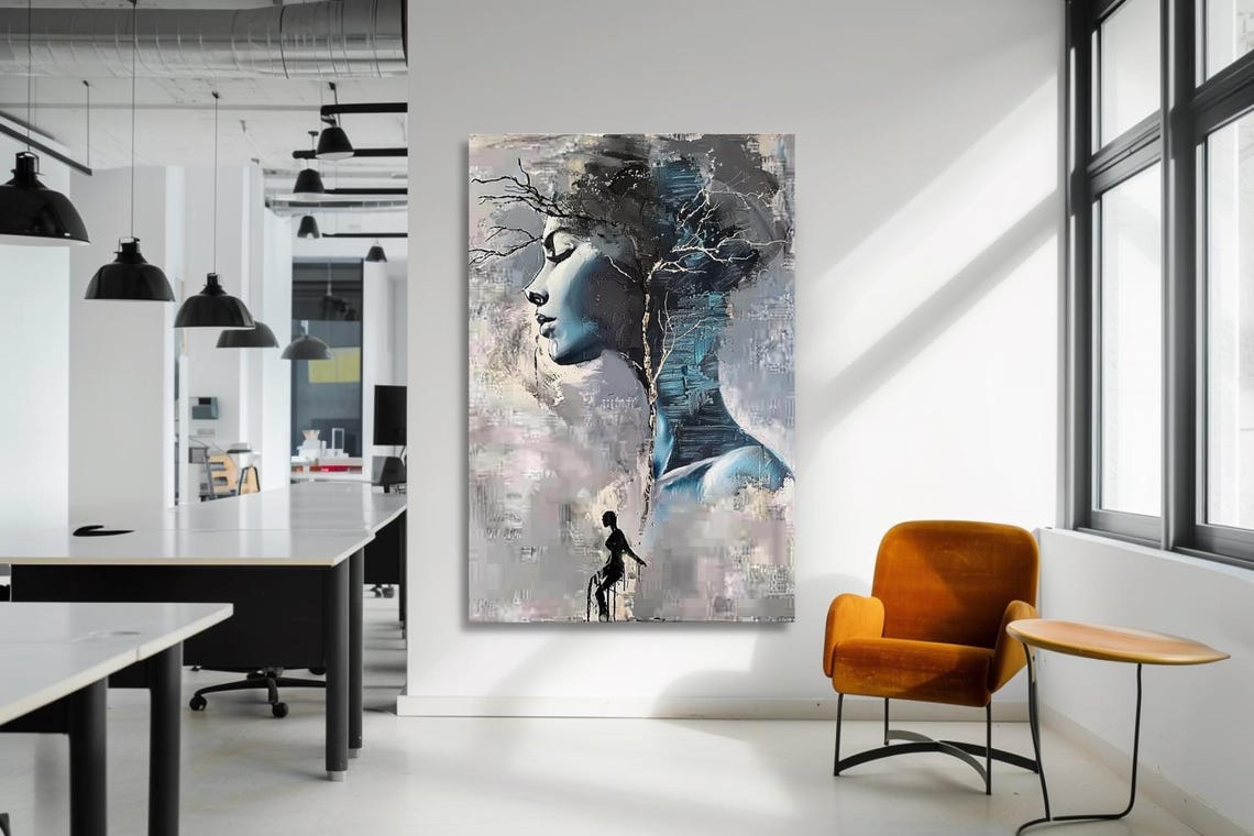 Woman's Profile Merging into Tree Branches Abstract Painting Poster
