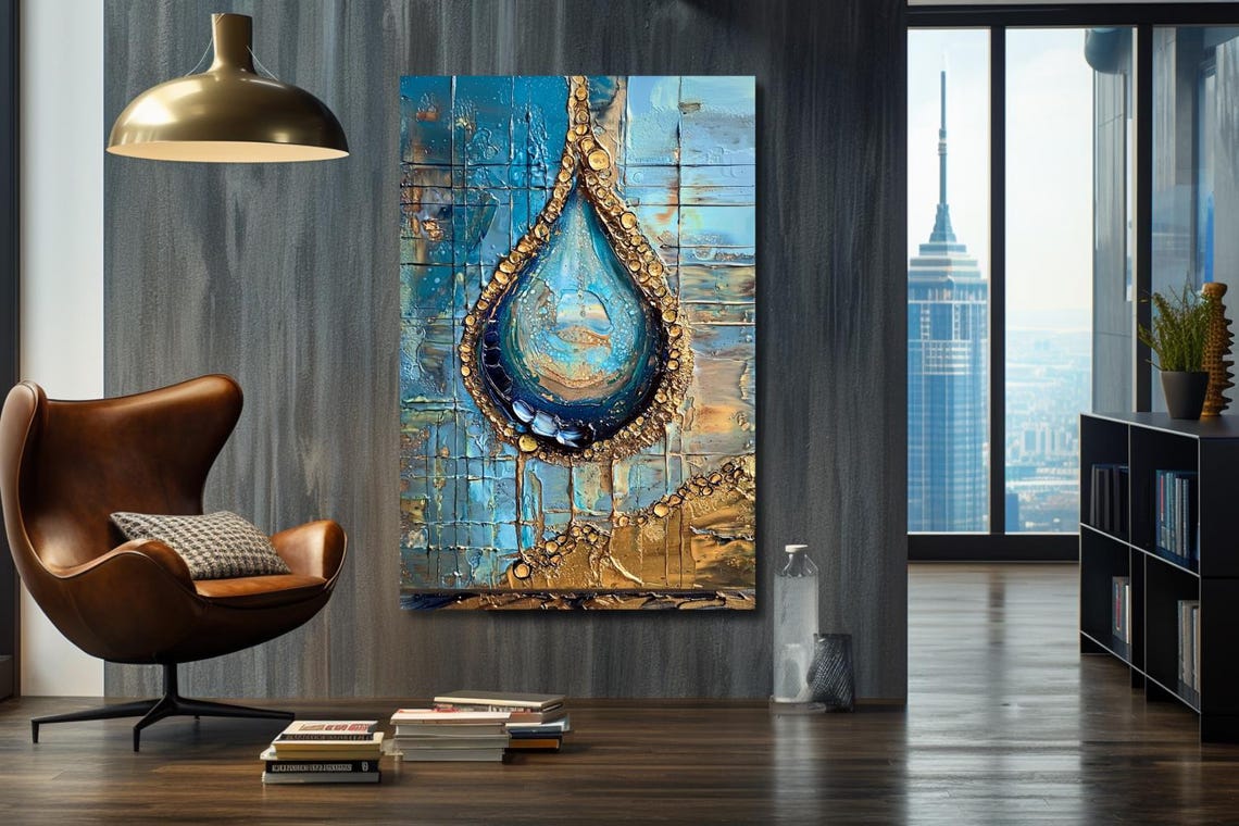 "Depth" Blue And Gold Abstract Teardrop On Cracked Texture Poster