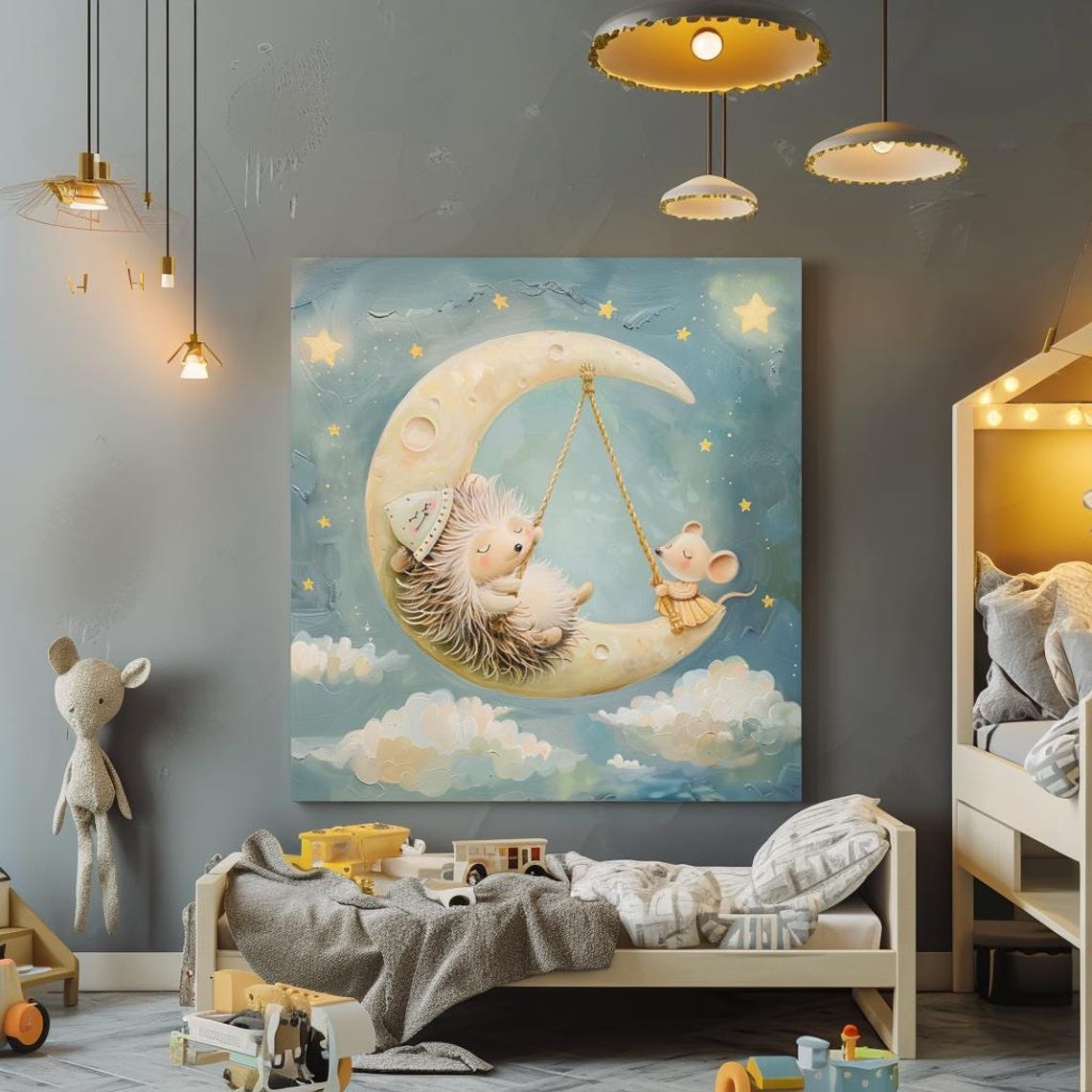 Hedgehog And Mouse On Crescent Moon Swing Nursery Art Poster