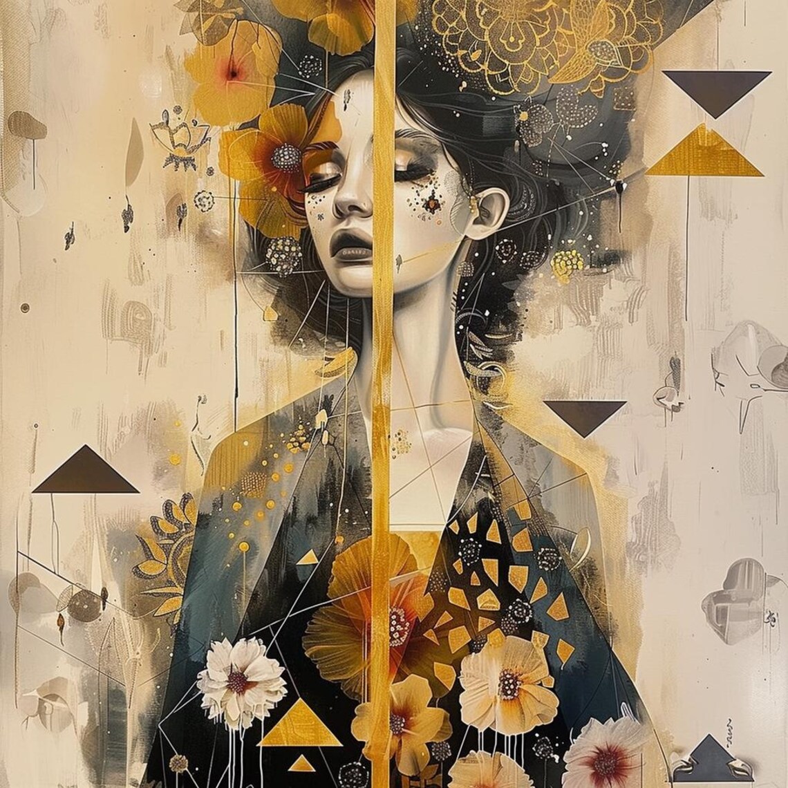 Golden Woman Portrait With Flowers And Geometric Gold Accents Poster - Image 2