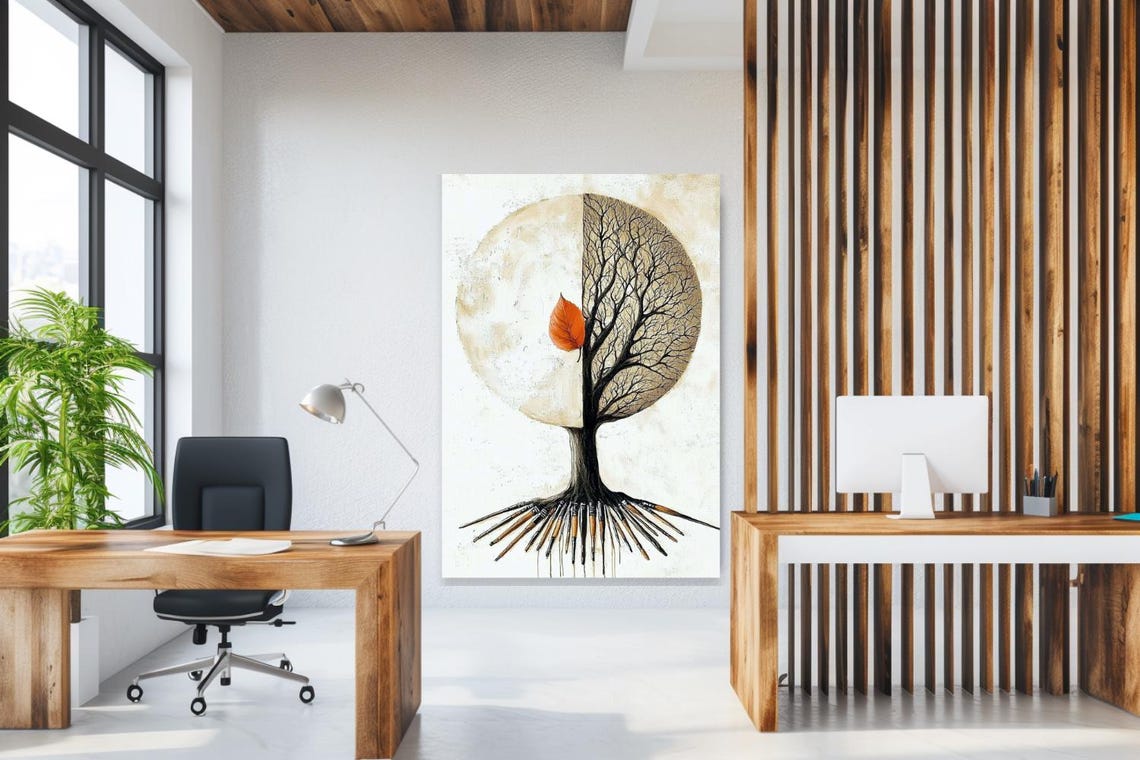 Half Tree Half Moon Single Orange Leaf Minimal Abstract Poster
