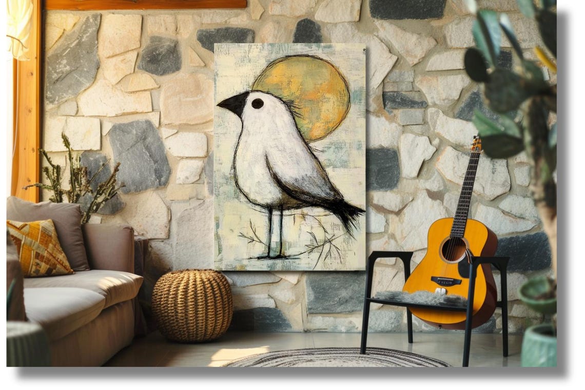 Naive White Bird Before a Golden Sun Sketch Style Art Poster - Image 3
