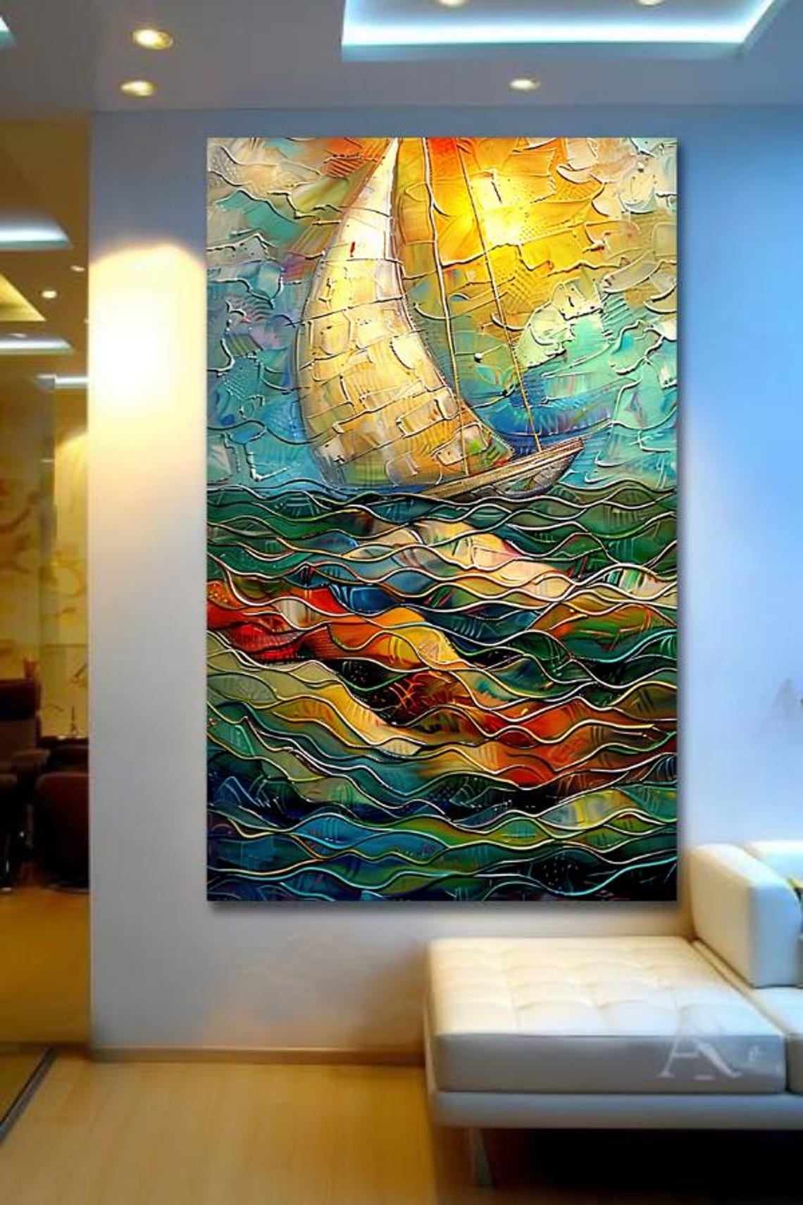Close Up Mosaic Sailboat With Big Sail On Rainbow Waves Poster