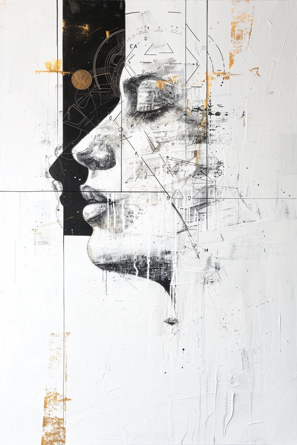 Black And White Line Art Woman Portrait With Gold Accents Poster - Image 2