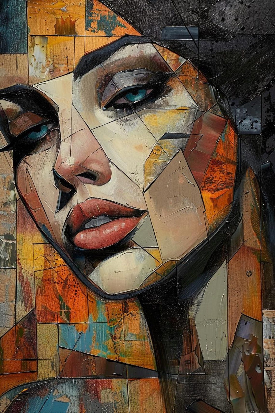 Faceted Woman's Portrait in Orange and Teal Mosaic Painting Poster - Image 2