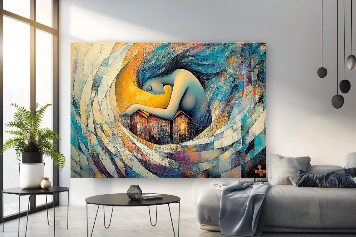 Guardian Woman Embracing Home Abstract Moon Surreal Art Poster
