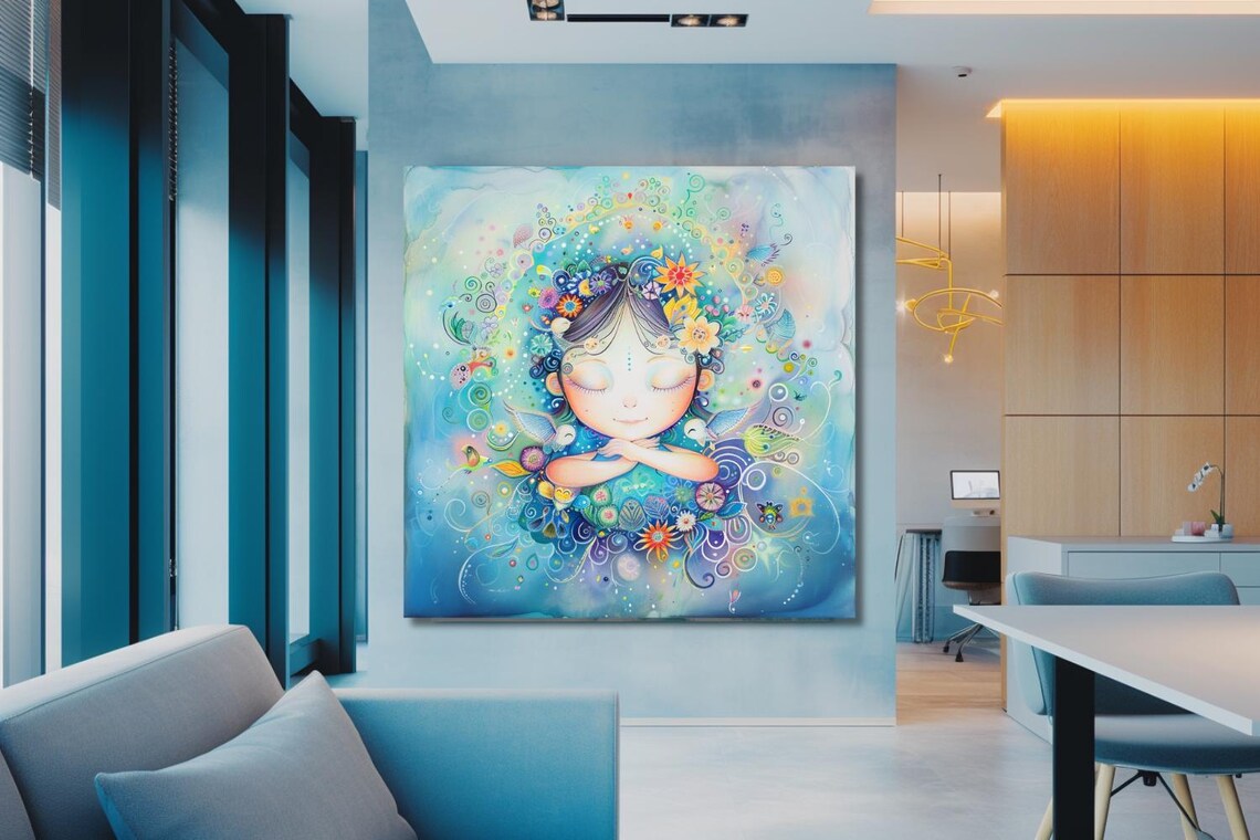 Whimsical Girl Portrait With Colorful Flowers Nursery Wall Poster - Image 2