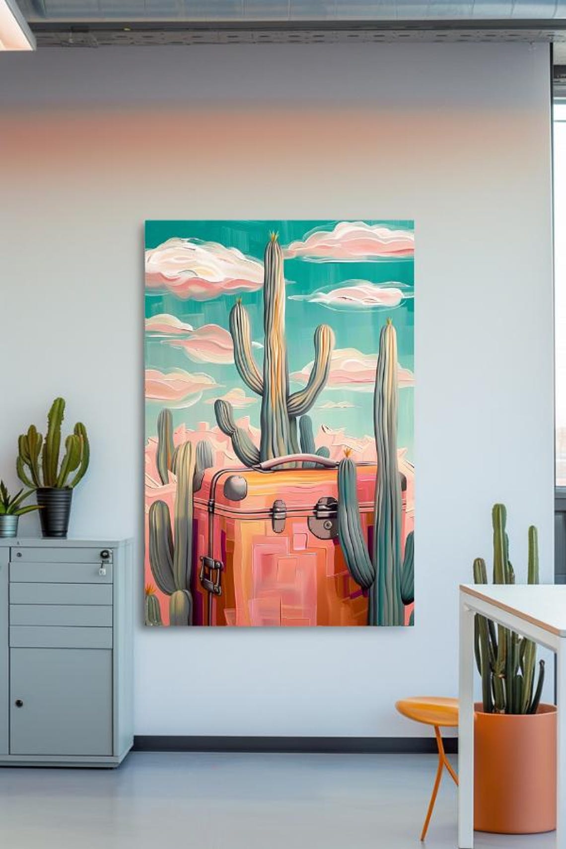 Pink Vintage Suitcase Among Saguaro Cacti In Desert Sunset Poster - Image 2