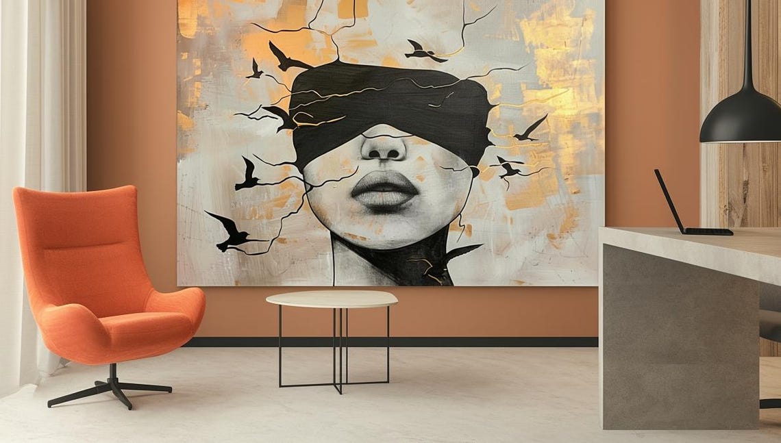 Blindfolded Woman With Flying Birds Gold Abstract Face Poster