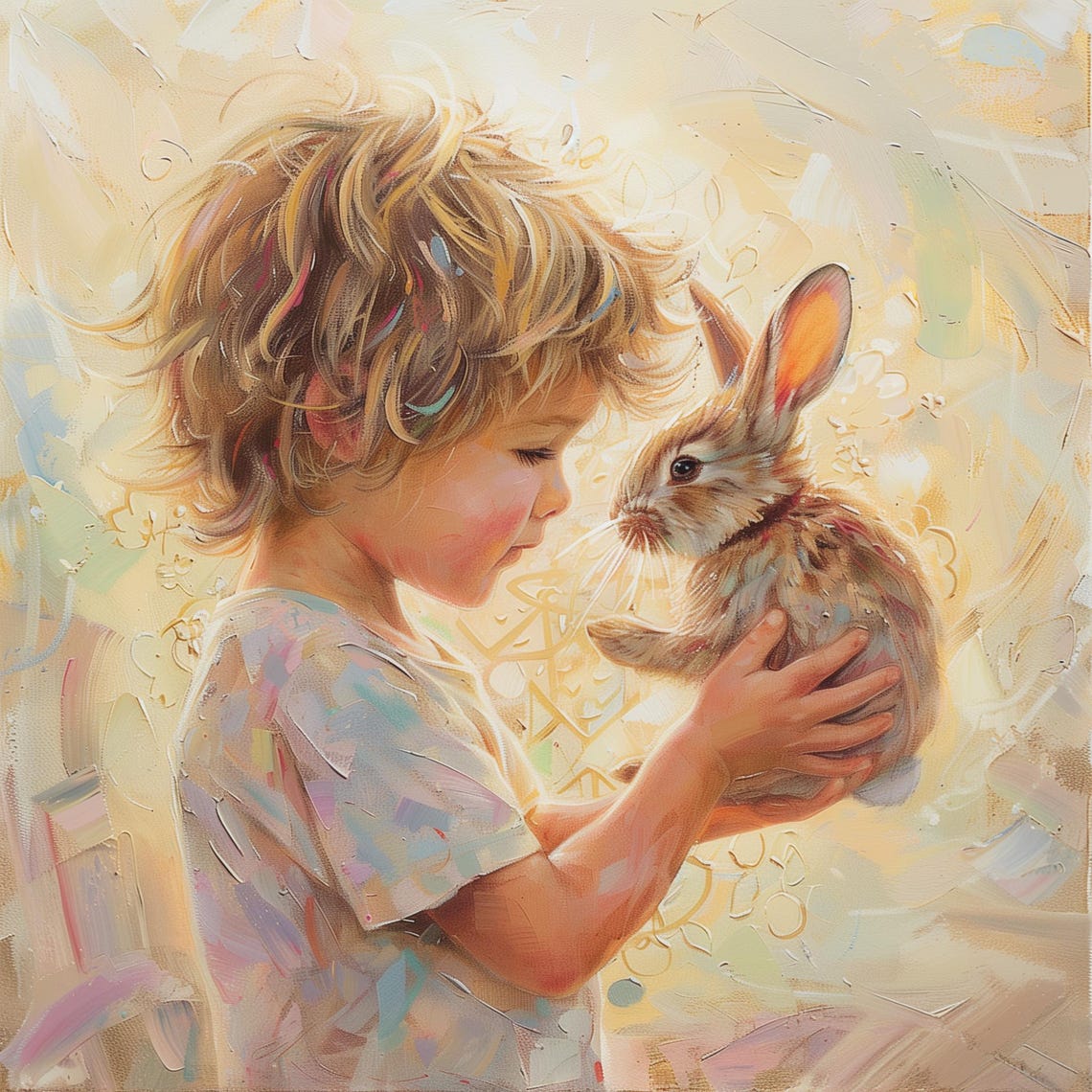 Blond Boy Tenderly Holding a Small Rabbit in Warm Sunlight Poster - Image 2