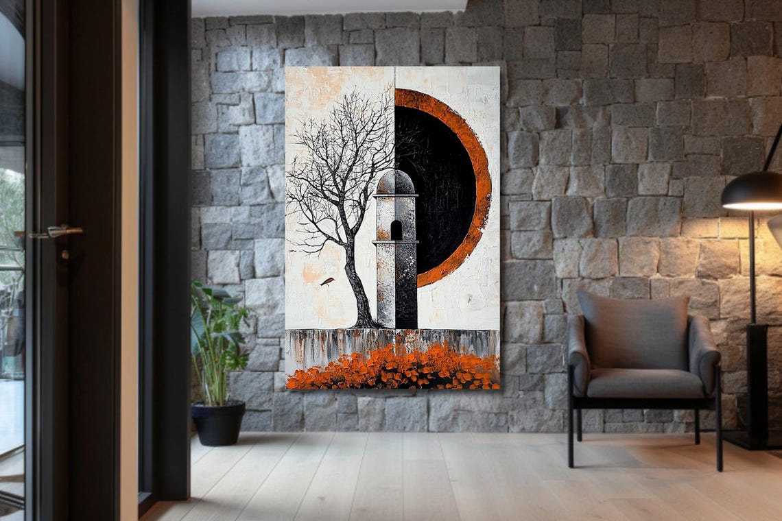 Bare Tree And Tower Before Eclipse Orange Flowers Art Poster